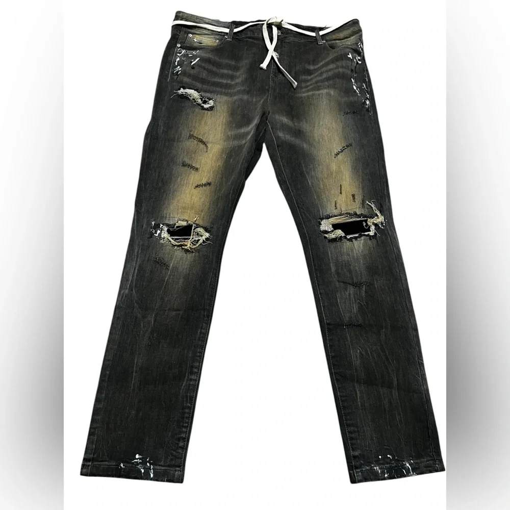 THRT Men's Detroit denim black denim distressed ripped Pants jeans size 44